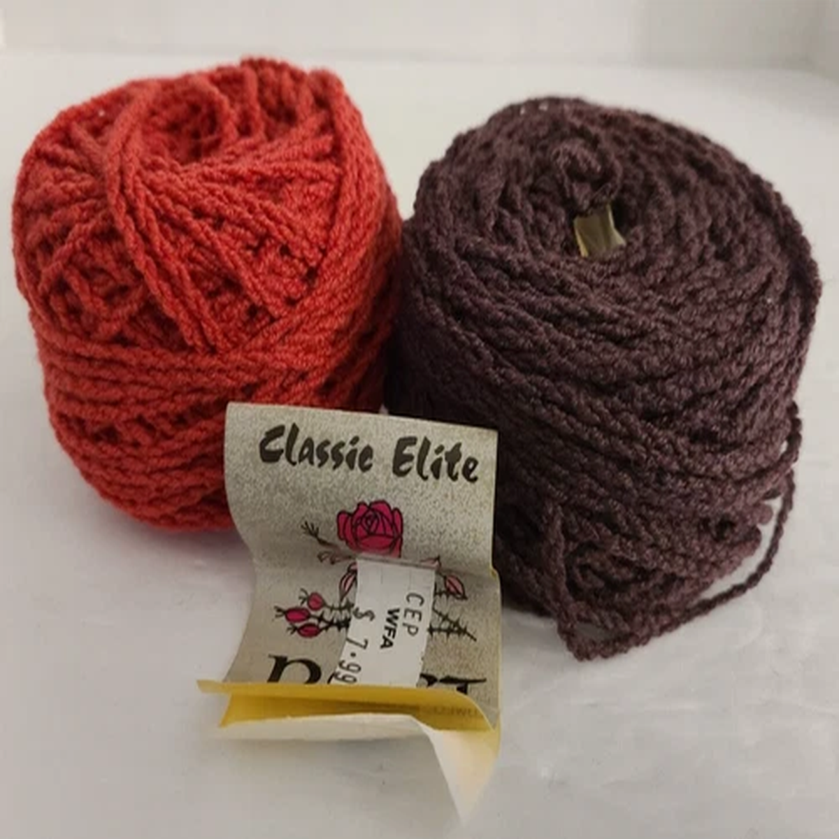 Lot of 2 Classic Elite Poet Wool Chenille Yarn, Red & Brown 1.75oz ea