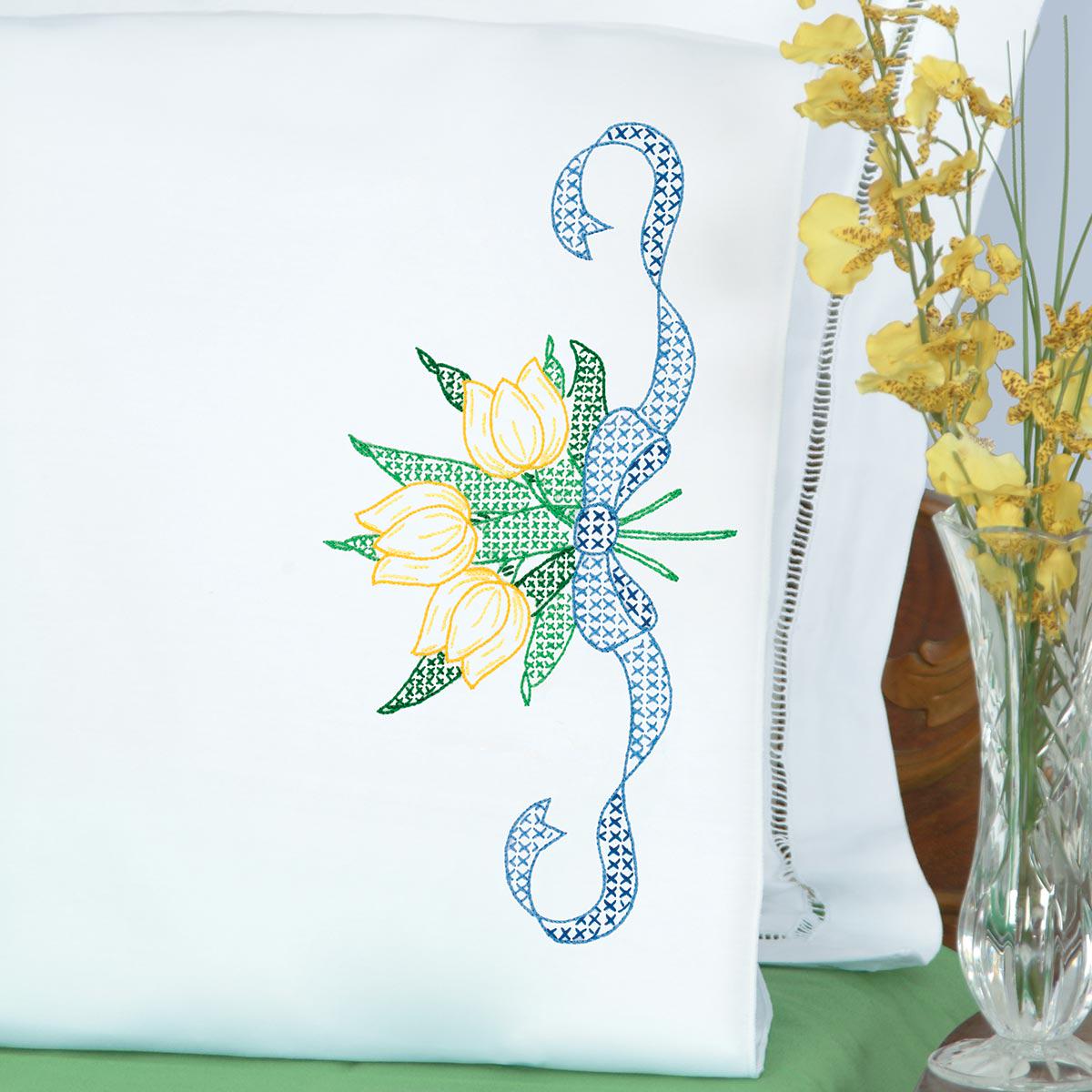 Tulips & Ribbon Perle Edge Pillowcases 1600-796