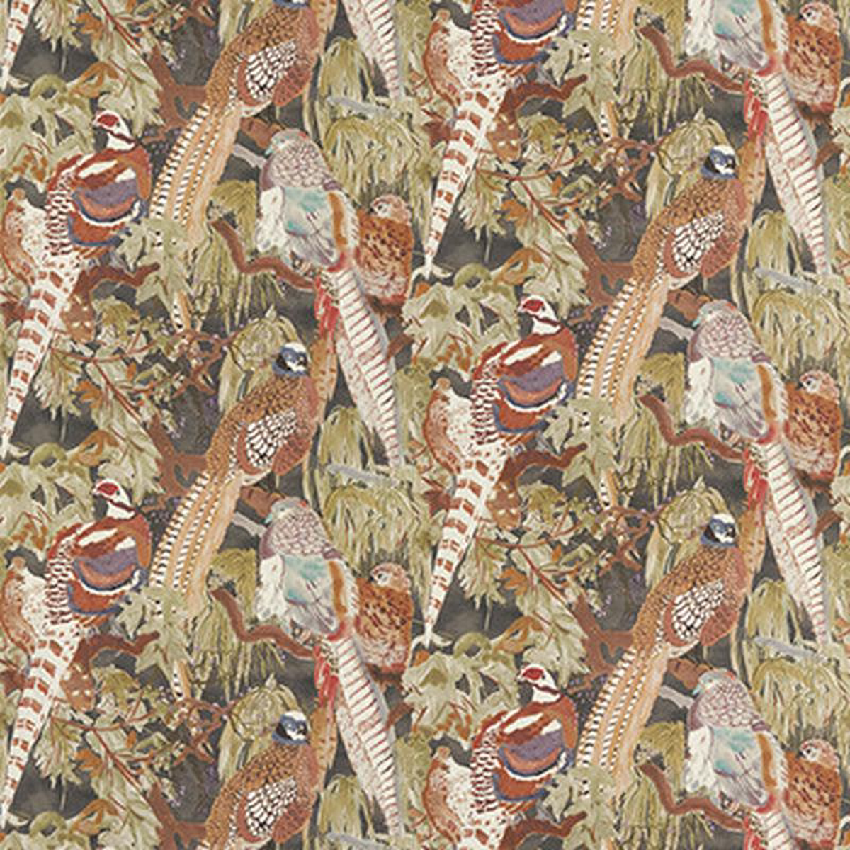 Game Birds Linen Charcoal by Mulberry Fabric